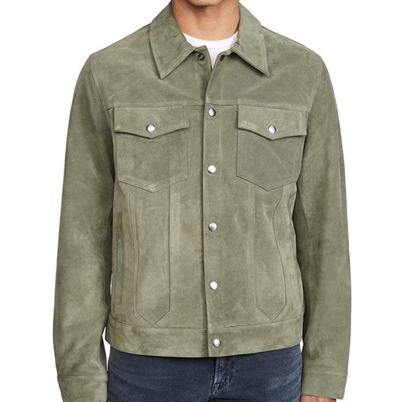 FRAME Suede Trucker Jacket in Deep Army